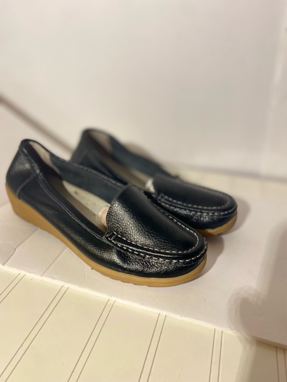 Women's Black Leather Slip-On Loafers with Contrasting Gum Sole